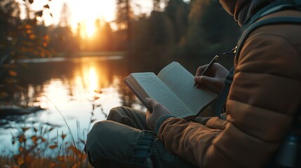 Traveler Writing in His Journal in Front of a Lake at Sunset