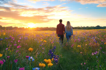 Couple strolling through vibrant wildflower meadow at sunset