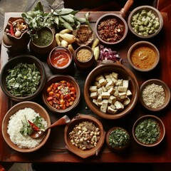 Fototapeta premium Assorted bowls of food, rice, herbs, spices.