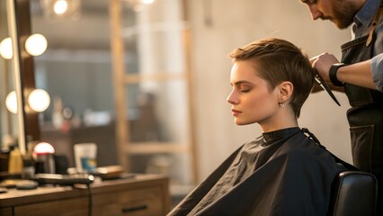 Young caucasian female getting a stylish haircut at salon