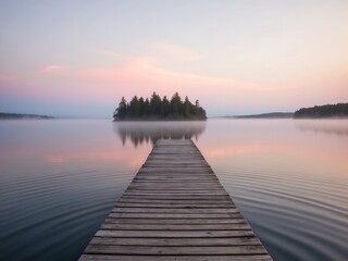 Serene sunrise over a calm lake with a wooden dock extending towards a misty island.