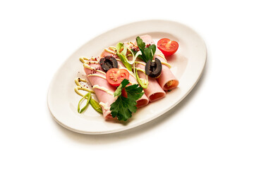 A plate of food with a white background