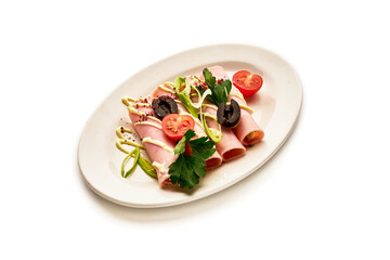 A plate of food with a white background