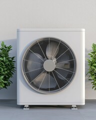 A modern outdoor air conditioning unit is positioned between two green plants, set against a plain background.