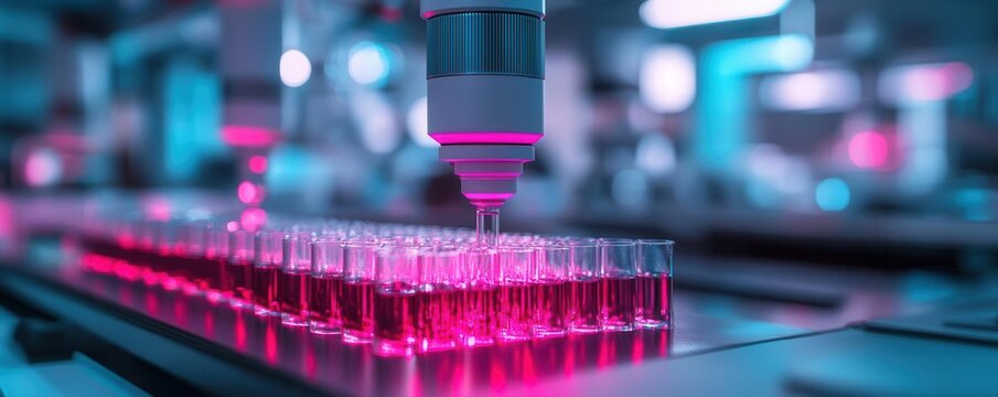 Robotic precision tools analyzing antiviral efficacy in a vibrant biotech lab futuristic concept
