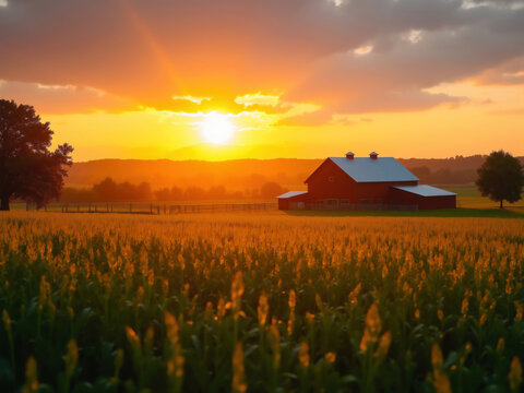 Red barn illuminating corn field at sunset with dramatic sky