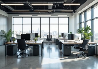 Modern office workspace with large windows and city skyline view located on a high floor