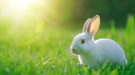 Obraz premium Adorable white rabbit relaxing in lush green grass, serene nature scene