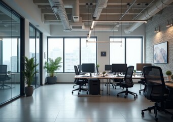 Modern office interior showcasing collaborative workspace with large windows
