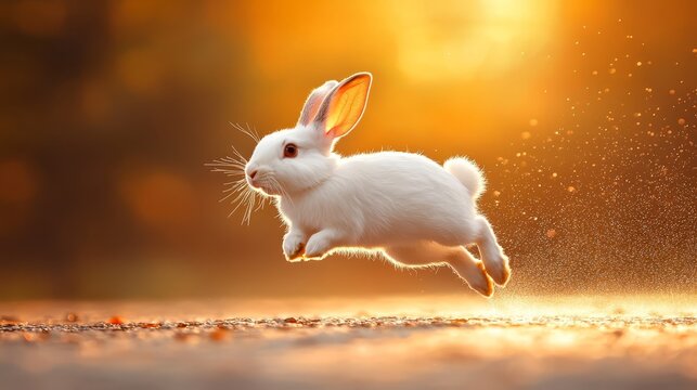 White rabbit leaping through the air, captivating display of agility and speed in wildlife photography