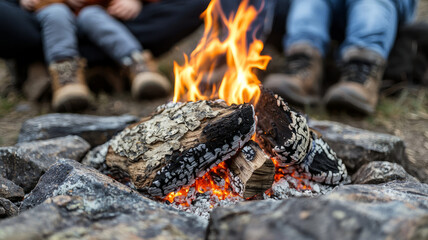 family gathered around warm campfire, sharing stories and laughter