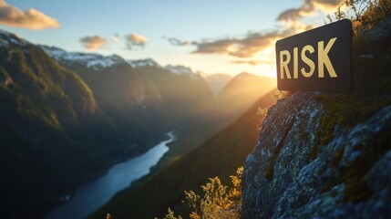 "RISK" text overlay on scenic mountain landscape, sunrise, adventurous, dramatic lighting