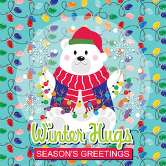 Christmas card design with polar bear and Christmas lights