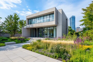 Modern architectural design featuring a sleek building surrounded by landscaped gardens.