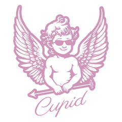 Little angel or cupid with wings, holding an arrow, isolated on white background. Symbolic emblem of love and Valentine's Day