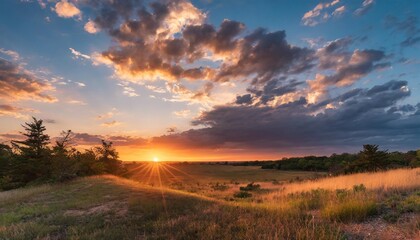 Dramatic Sunset Over Peaceful Wilderness with Vibrant Cloudscape