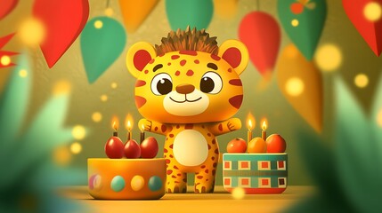 Fototapeta premium Cute Kwanzaa clipart featuring cartoon animals celebrating, holding Kwanzaa symbols like fruits and candles, vibrant colors with soft textures, playful and lighthearted mood,