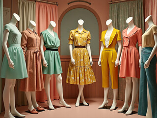 Boutique shopping clothes mannequin store in retro nostalgic vintage theme