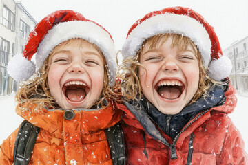 Cheerful children in Santa hats laughing joyfully in winter snow