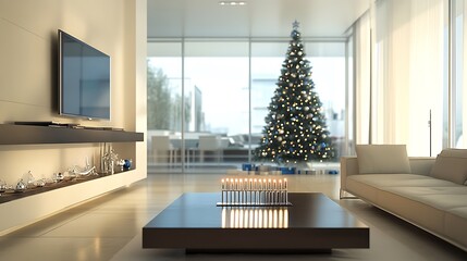 A modern living room with a menorah glowing on a coffee table and a sleek Christmas tree in the background, minimalist blue, white, and silver decor complementing both holidays, clean lines and soft