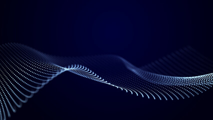 Futuristic wave of dots with moving particles on a dark background. 3D visualization of big data.