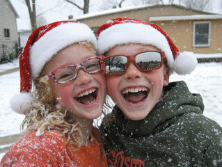 Cheerful children in Santa hats enjoying snowy day together