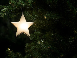 A close-up of a simple, glowing star hanging from a Christmas tree. A glowing star on the tree.


