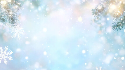 Blurred snowflakes falling in the sky with a dreamy pastel background, wide panorama for Christmas and New Year concepts, soft focus winter landscape with bokeh forest.
