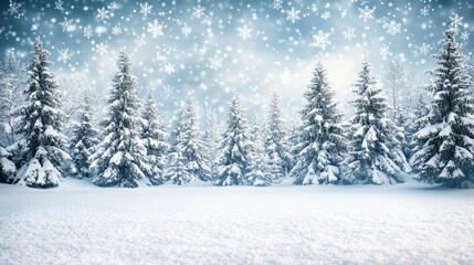 Fototapeta premium Blurred snowflakes falling in the sky with a dreamy pastel background, wide panorama for Christmas and New Year concepts, soft focus winter landscape with bokeh forest.