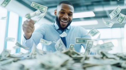 A cheerful man in a business shirt celebrating as dollar bills scatter around in a bright office setting. Concept: financial success and enthusiasm