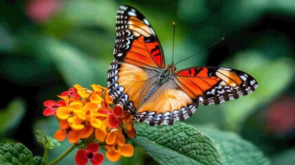 Fototapeta premium A close-up of a butterfly resting on a flower, with intricate details captured in wildlife photography.