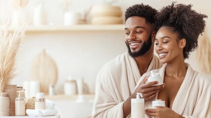 A smiling African-American couple in a lush setting, wearing spa robes with one applying a green face mask, symbolizing natural beauty and care.