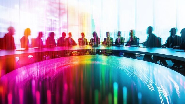 A vibrant office setting with colorful abstract figures discussing ideas around a circular table, lit by soft, natural light.