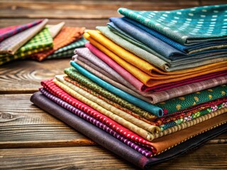 Colorful Stack of Fabric Swatches on Rustic Wooden Table - Textiles, Patterns, Home Decor, Sewing, Crafting, Interior Design, Fashion, Material Samples,