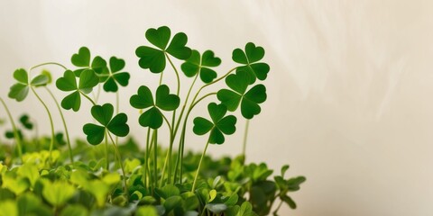 Green shamrock leaves grow in a lush patch during the spring.