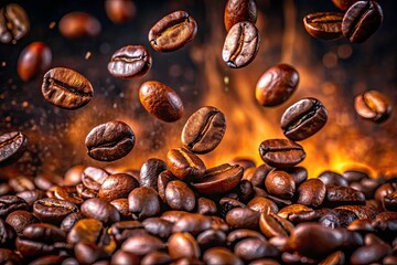 Fototapeta premium Close-Up of Roasted Coffee Beans Tumbling and Colliding in a Rustic Setting, Capturing Rich Textures and Deep Colors for Exquisite Food Photography
