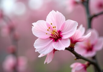 Obraz premium Delicate pink cherry blossoms bloom on a tree branch in a serene spring landscape