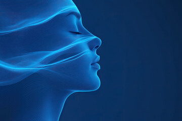 Obraz premium A serene silhouette of a woman with flowing blue patterns representing calmness.