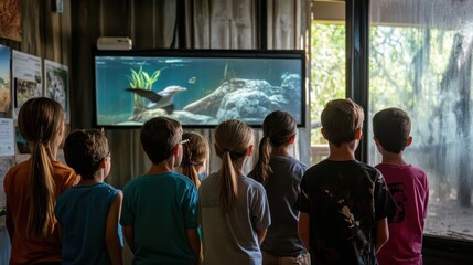 A group of schoolchildren learning about conservation efforts at a wildlife education center.