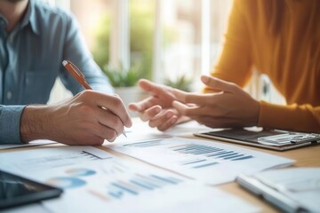 Professional meeting banker clarifying doubts of a small business owner regarding loan down payment requirements