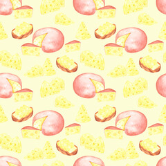 Hand drawn watercolor head and piece of cheese seamless pattern isolated on creamy background. Can be used for textile, fabric, scrapbook and other printed products.