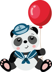 Funny and cute panda sailor holding a red balloon