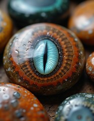 a real smooth flawless snake eye, colorful agate stones, water, wood, angry, hard, soft, soft, alive, love, pain, sadness