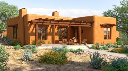 A southwestern-style adobe house with a patio and desert landscaping.