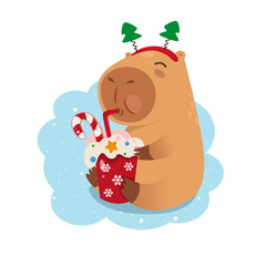 Cute Christmas capybara with Christmas cocktail and funny hat