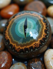 a real smooth flawless snake eye, colorful agate stones, water, wood, angry, hard, soft, soft, alive, love, pain, sadness