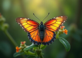 Fototapeta premium Bright orange butterfly perched on green leaves with colorful flowers during daylight
