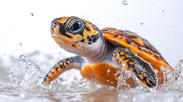 A small, orange and black turtle is splashing in water.