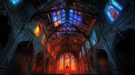 Naklejka premium A grand, dimly lit interior of a Gothic-style chapel with vibrant stained glass windows.