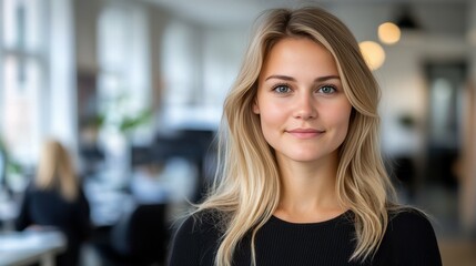A young woman with long, light-colored hair stands smiling in a contemporary office setting. The room features bright natural light and a calm atmosphere, with colleagues working in the background